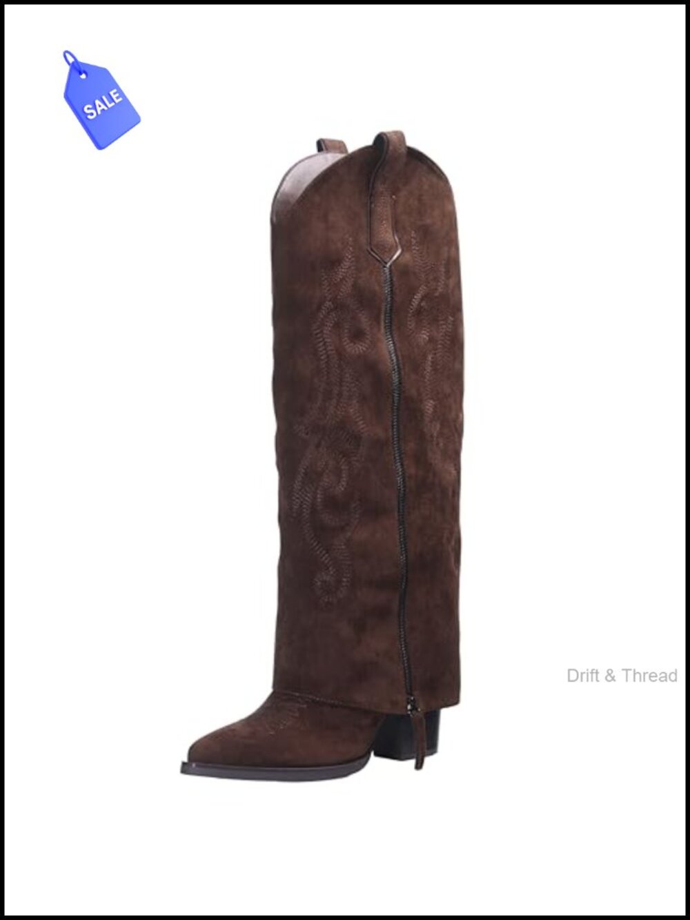 Faux Suede Fold Over Knee High Western Boots Chunky Block Heel